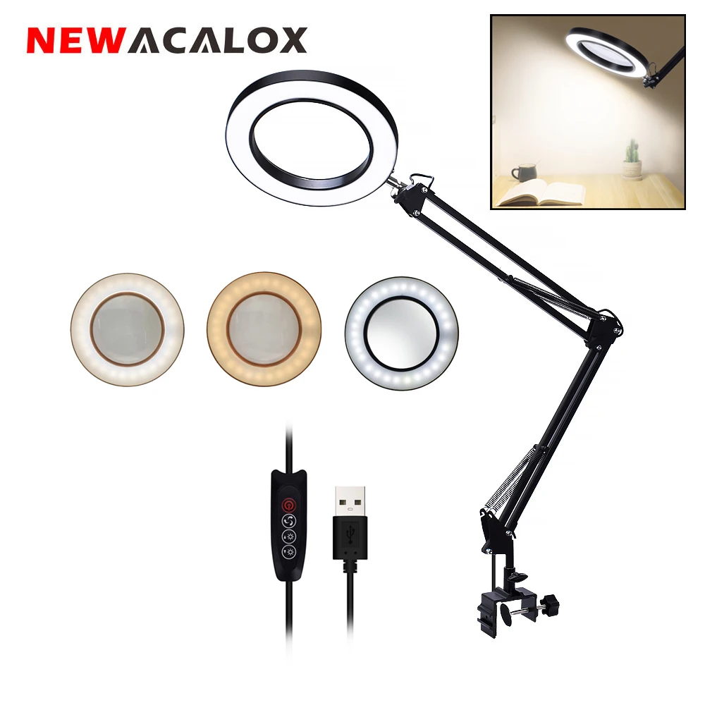 NEWACALOX 5X USB Magnifying Glass with LED Light Flexible Soldering Third Hand Table Clamp Reading/Jewelry Magnifier Desk Lamp