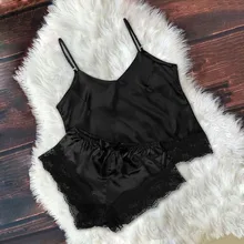 Женская Черная пижама, Сексуальная атласная домашняя пижама на бретельках, белье, кружевное ночное белье, комплект нижнего белья bielizna nocna пижама#3s