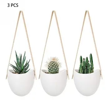 

3pcs With Rope Holder Flower Pot Practical Nordic Style Hanging Planter Wall Modern Decorative Home Ceramic White Succulent