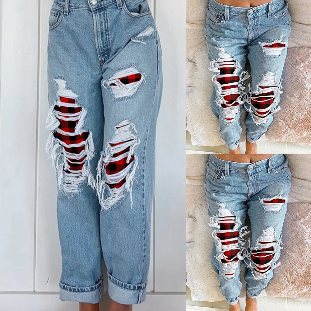 

Jeans For Women 2020 High Quality Women Jeans Red Plaid Patchwork Ripped Jeans with Holes Ladies Fashion Washed Denim Pants D30