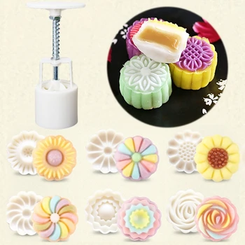 

Moon Cake Mould Mold with 6Pcs Stamps Round Flower Pastry Mooncake Hand DIY Tool