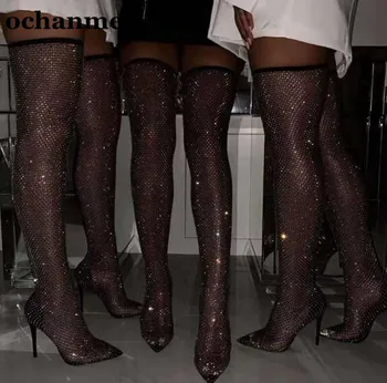 

ochanmeb Plus Size 46 Stretch Summer Net Boots Women Over the Knee Boots Woman Lady Stiletto Heels Runway Night Club Party Shoes