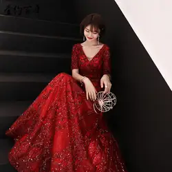 Блестками цвет красного вина невесты женился новый стиль официальная Вечеринка платье для выпускного вечера Тонкий Вечерние платья 2019 жен