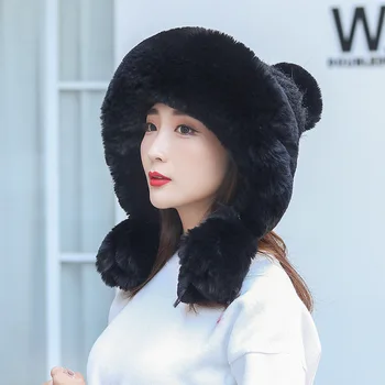 

Winter Furry Warm Pilot Bomber Hat for Women Thick Trapper Ski Cap with Earflap Russia Snow Helmet Nose Protection Mask Ushanka