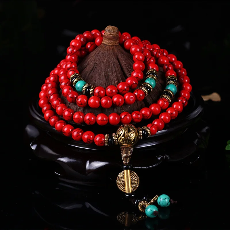 Buddhist 108 Mala Prayer Bracelets 8MM Red Pine Stone Beads Women Men Yoga Meditation Necklace