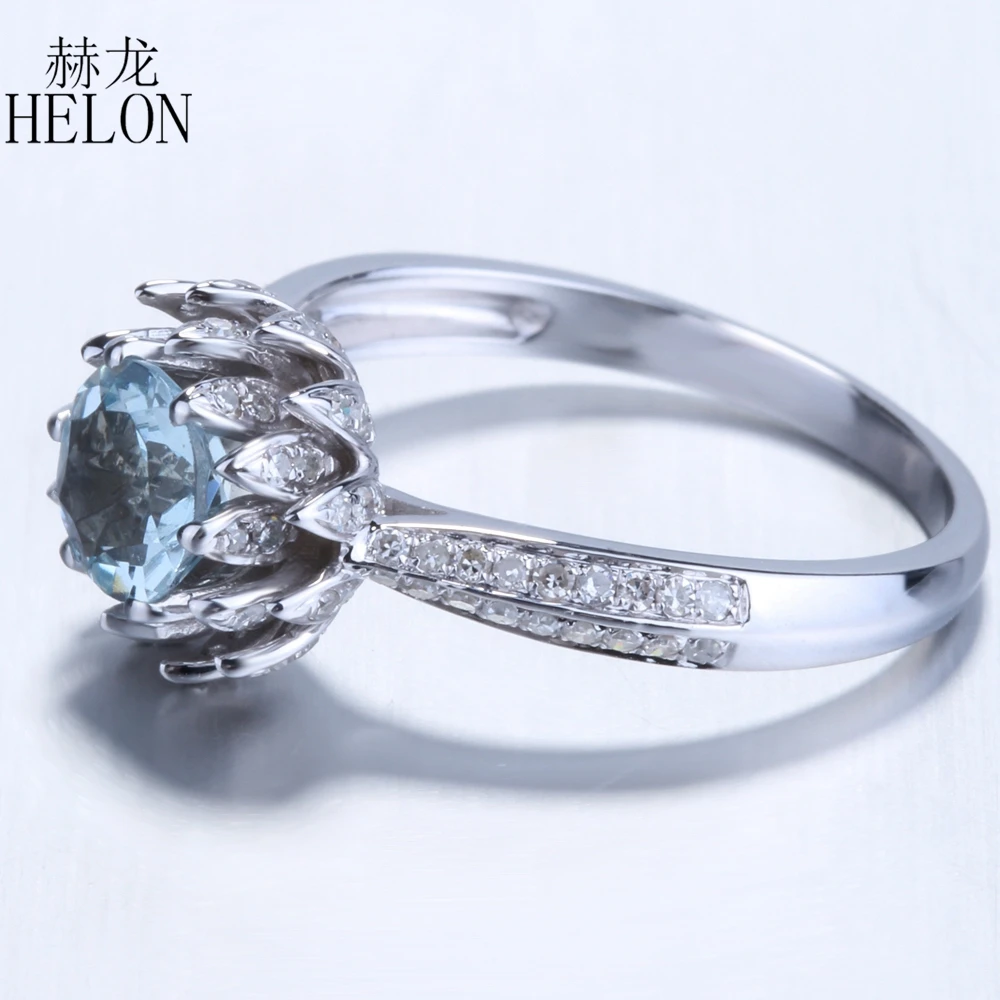 HELON Solid 10 к белый 6 мм круглый 0.43ct Натуральный аквамарин 0.43ct алмаз обручение Свадебные модные ювелирные изделия кольцо