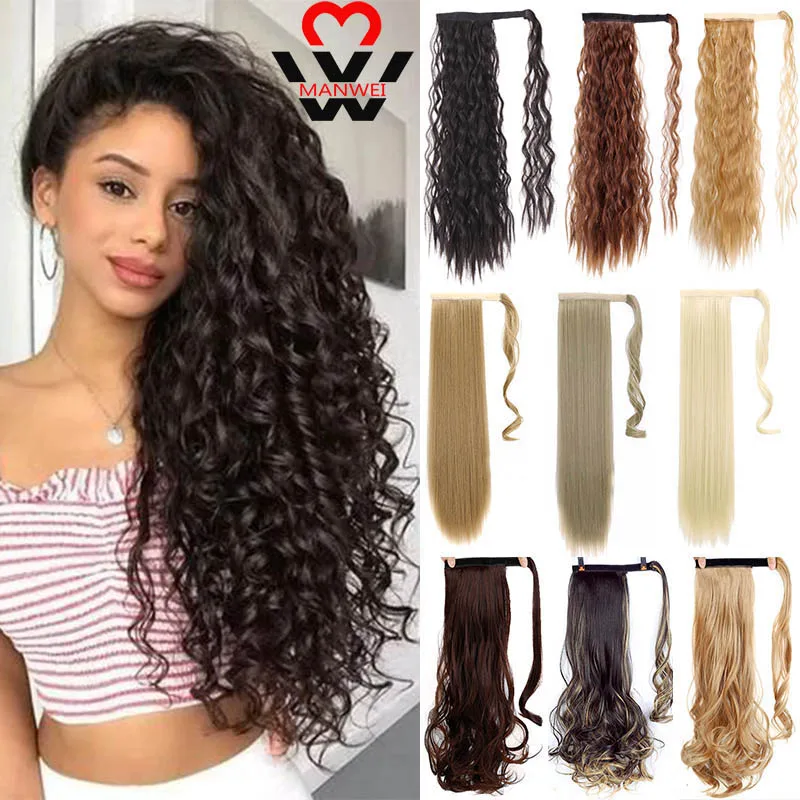 

MANWEI Synthetic Natural Long Kinky Curly Ponytail Wrap Around Hair Tail Extension Black Brown Fluffy Hair Pieces for Women