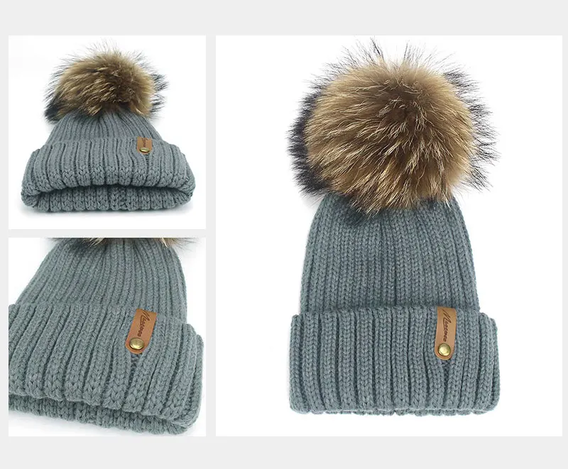 Parent-child Real Fur Pompon Skullies Beanie Hat Winter Knitted Warm Thick Beanies For Women And Child Solid Crochet Slouch Caps