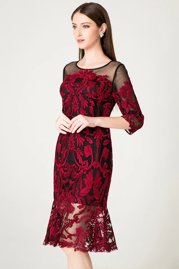3XL платье Vestido весна лето вечерние коктейльные женские сексуальные прозрачные сетчатые с вышивкой 3/4 рукав облегающее платье цвета красного вина темно-синего цвета