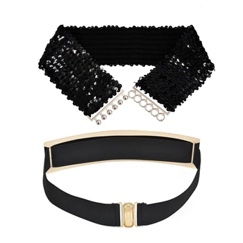 

Black New Lady Fashion Sequins Elastic Stretch Shinning Waist Band Casual Belt & Lady Embellished Gold Mirror Metal Keeper Metal