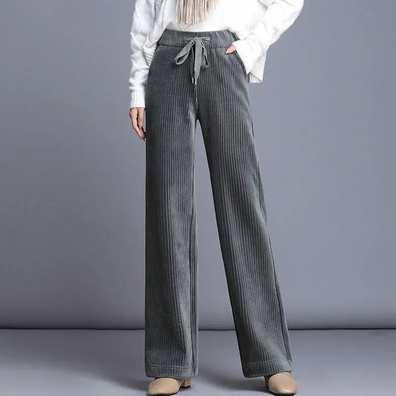 Corduroy Pants for Women Autumn Winter 2021 Elastic High Waisted Straight Wide Leg Trousers High Fashion Black Gray New Pants baggy jeans