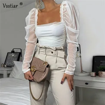 

Vsstiar White Black Mesh Patchwork Sexy Blouse Women Tops Summer Casual Long Puff Sleeve Blouses Shirts