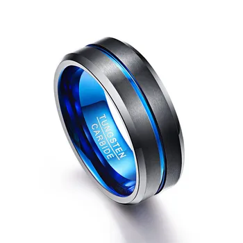 

Men's 8mm Tungsten Carbide Groove Ring Blue & Black Matte Finish Beveled Edge Wedding Band
