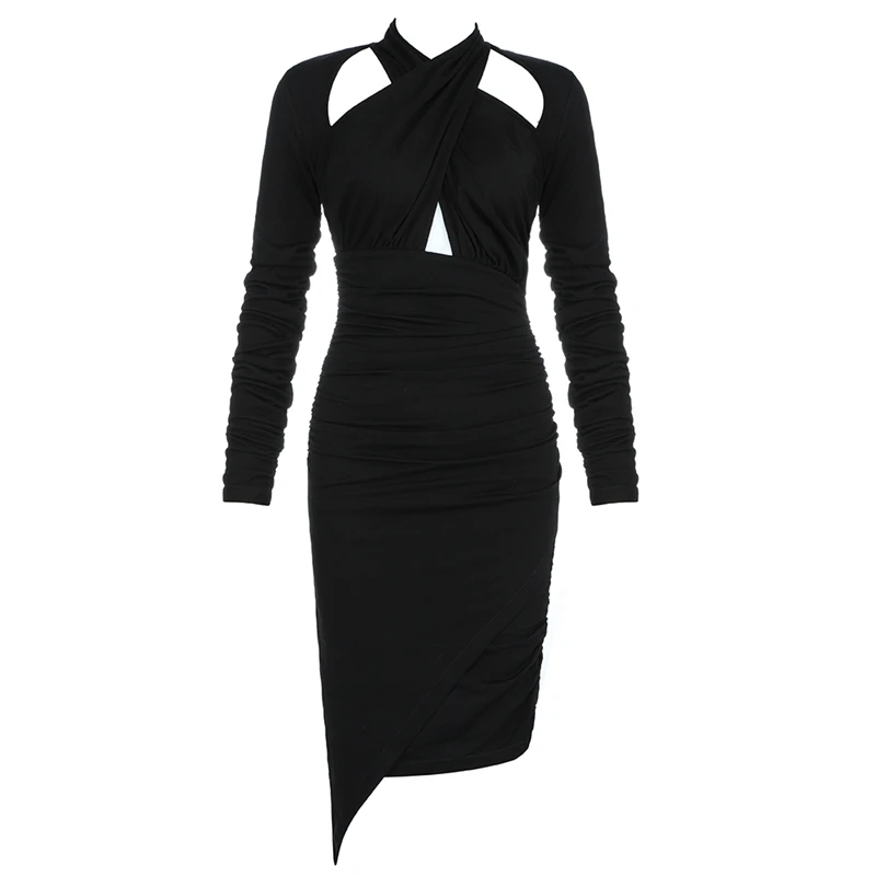 INDRESSME Новое модное женское сексуальное платье с длинным рукавом, асимметричное платье, вечерние Клубные обтягивающее платье, оптовые продажи Ins - Цвет: Black