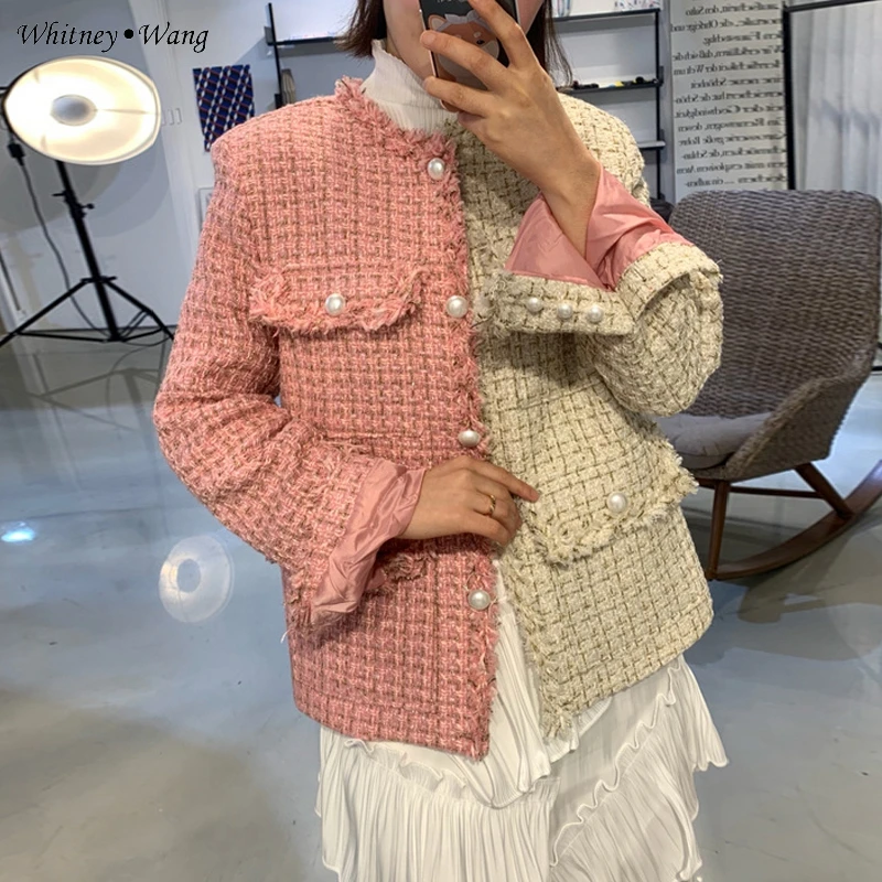 WHITNEY WANG осенне-зимняя модная уличная одежда в Корейском стиле, цветная контрастная твидовая куртка в стиле пэчворк, женское офисное пальто