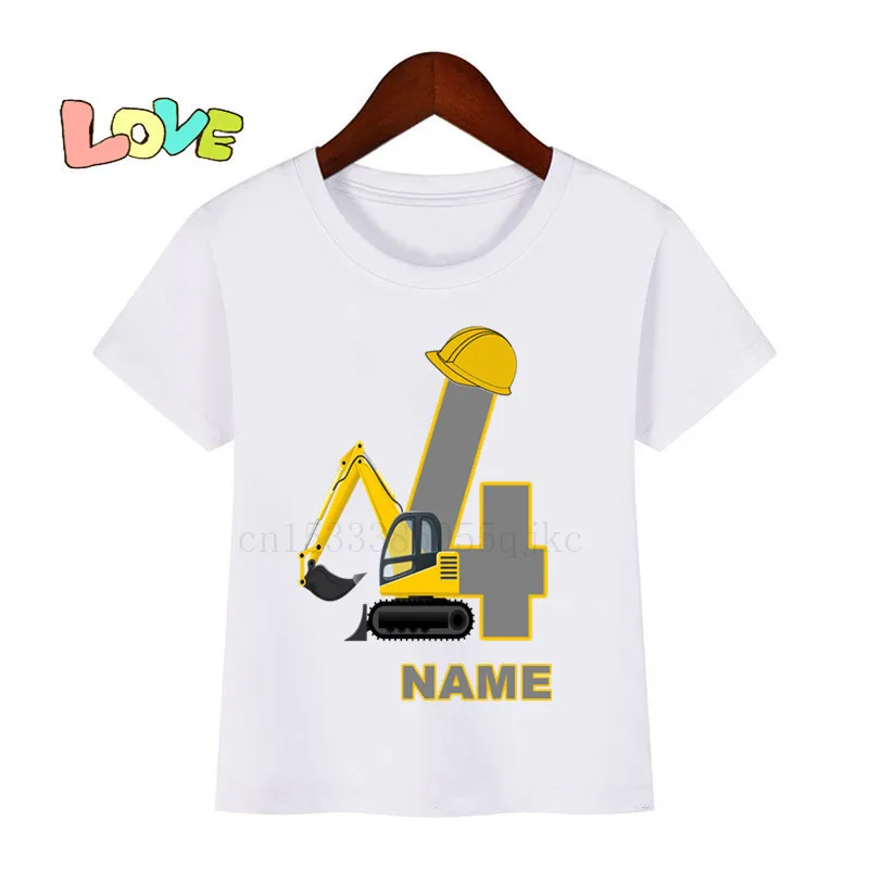 Baby Kids Cartoon Excavator Birthday Number Name Print T Shirt Children Birthday T-shirts Boy&Girl Funny Gift Tshirt Present