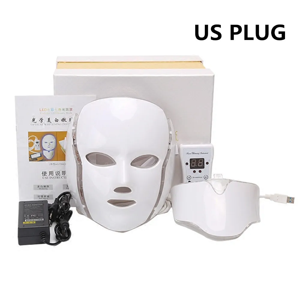 US PLUG BOX 7 цветов светодиодный маска омоложение против старения подтяните кожу корейский Фотон светильник терапия красота машина шеи уход за лицом - Цвет: US PLUG BOX