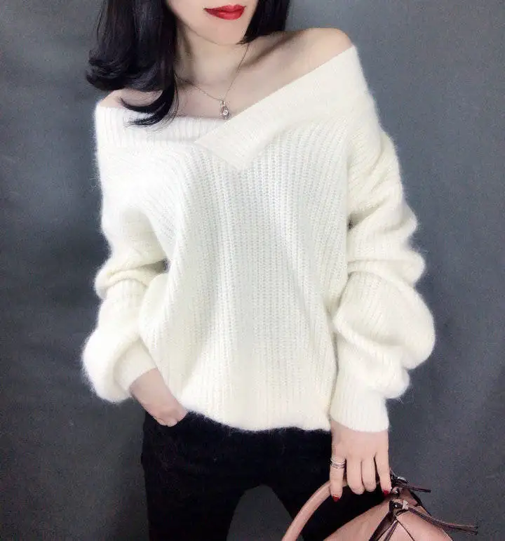 Осень зима новые женские однотонные свитера с v-образным вырезом корейские свободные трикотажные пуловеры повседневная одежда с длинным рукавом размера плюс Топы