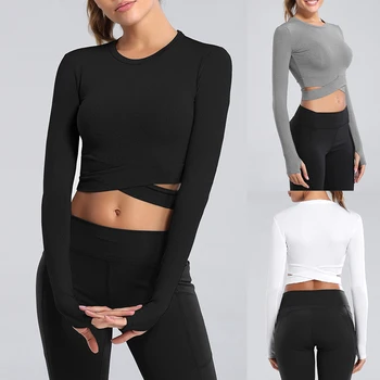 Women Long Sleeve Running Shirts Sexy Exposed Navel Yoga T-shirts Solid Sports Shirts Quick Dry Fitness Gym Crop Tops Sport Wear 1