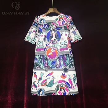 

Qian Han Zi designer summer dress women Short sleeves amazing pattern Elegant print dress Luxury Beaded Diamonds Straight Dress