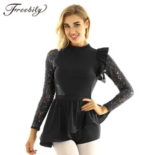 Женская Одежда для танцев с блестками, кружевное платье с длинными рукавами, открытая спина, гимнастическое трико, боди, балетное платье, танцевальный костюм для выступлений