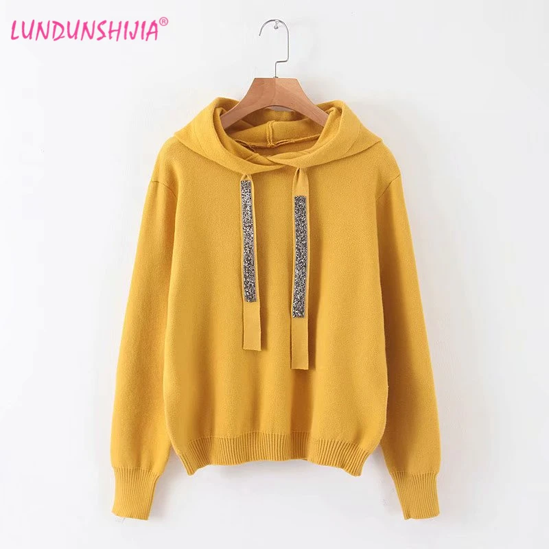

LUNDUNSHIJIA Women Faux Diamonds Beading Hooded Knitted Sweatshirt Long Sleeve Solid Pullovers Female Casual Chic Tops 5 Colors