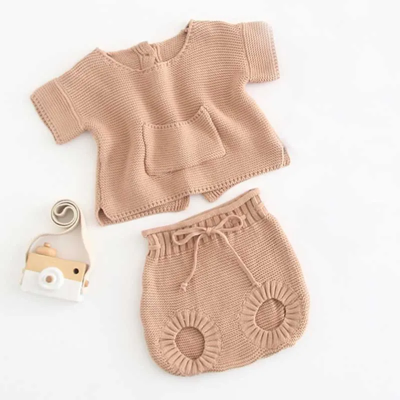 B91S02 Brown Новинка года; сезон осень; комплекты одежды для малышей детский вязаный свитер для мальчиков и девочек кардиган+ шорты; костюм брендовый хлопковый комплект одежды для малышей - Цвет: B91S02 Brown