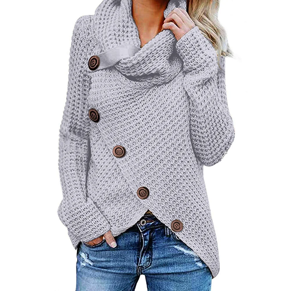 Осень, женский свитер, пуловер на пуговицах, топы, ассиметричная длина, пальто с ворсовым воротником, облегающий однотонный цвет, повседневные женские свитера - Цвет: Gray