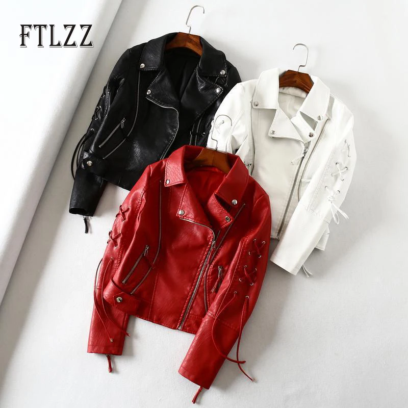 

Spring white leather jacket 2019 new fashion ladies bandage sleeved slim short faux leather coat women outerwear clothing