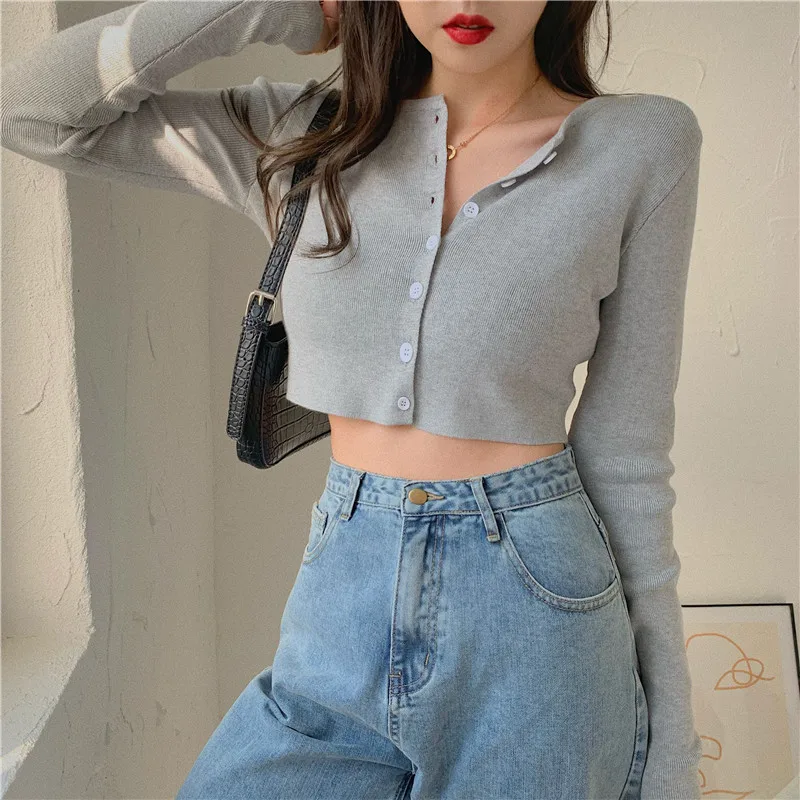 

2020 Spring Autumn Women Fashion Thin Cardigans Sweaters Single Breasted Elastic Knitted Crop Tops Korean Solid Jumper