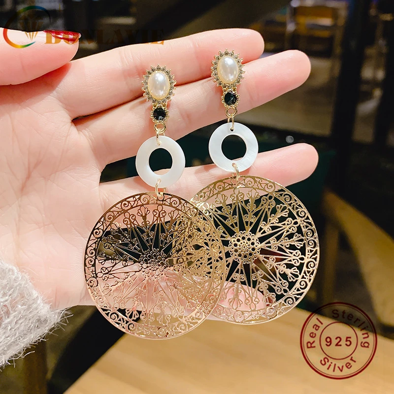 

BONLAVIE Exaggerated Large Earrings Hollow and Carved Round Metal Earrings Long Earrings Women Earrings