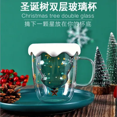 

300 ML Creative Christmas Tree Glass Cup Heat-resistant Double Wall Glass Cup Coffee Mug with Lid Cute Christmas Gifts for Girls