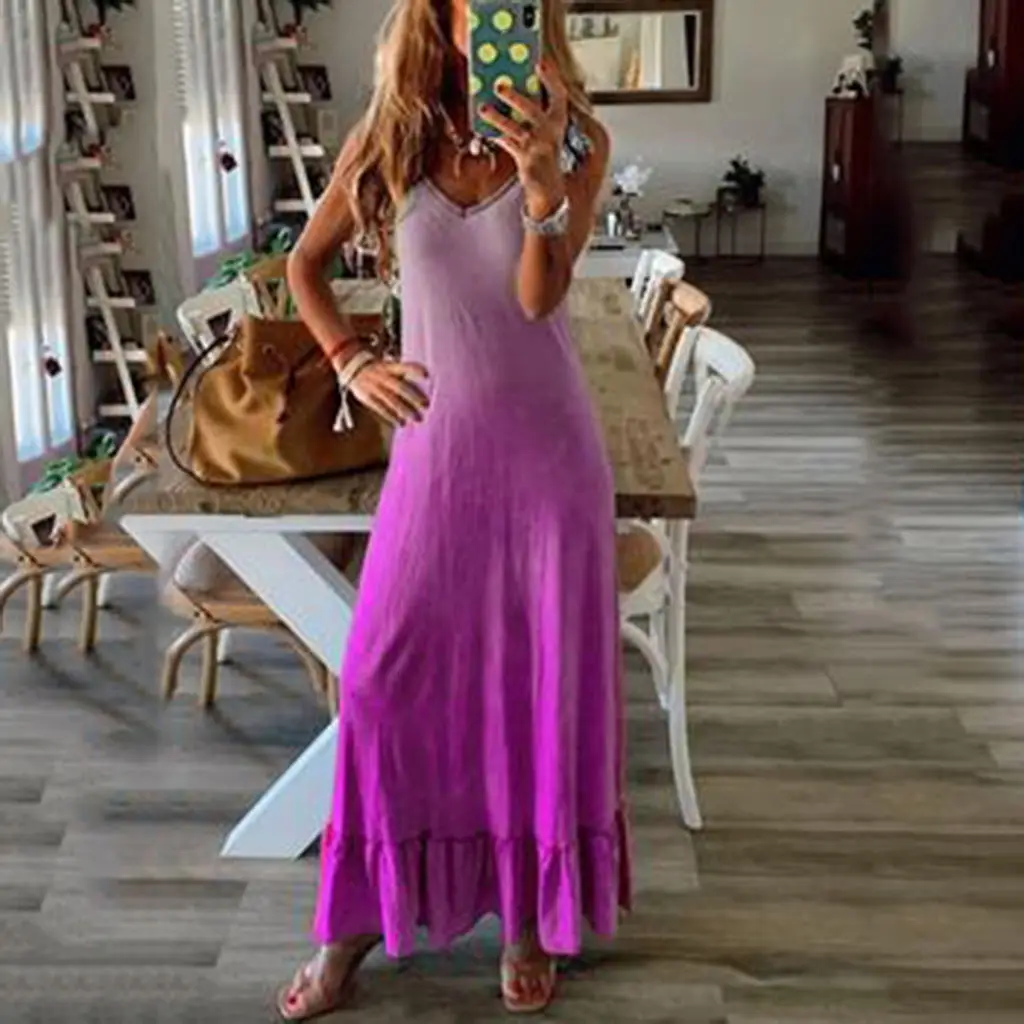 

Women's Casual Loose Sexy Sling Dress V-neck Gradient Vest Long Dress