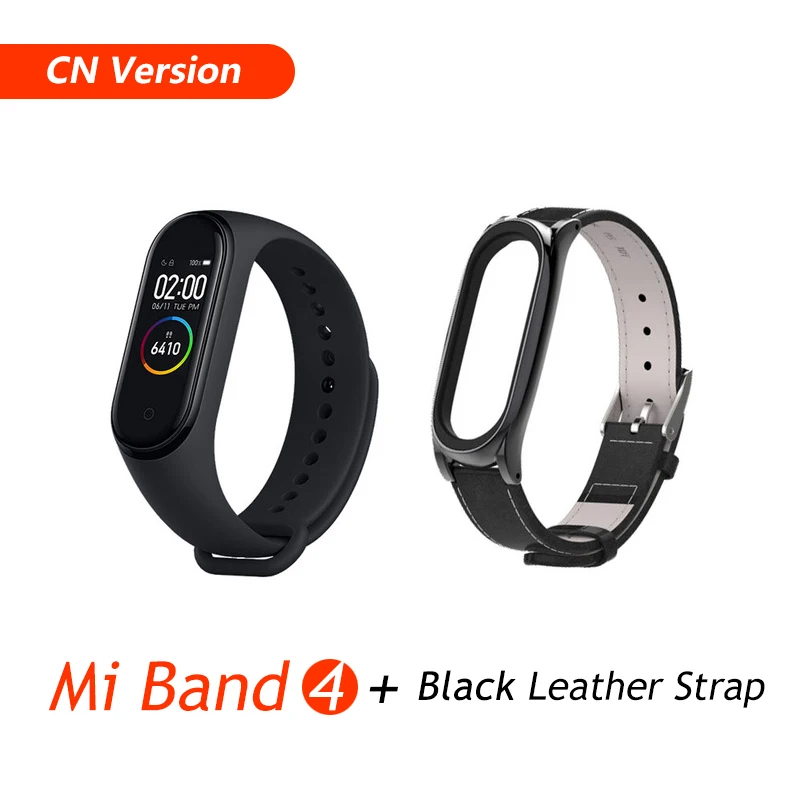 CN Black Leather Xiaomi Mi группа 3 4 глобальная Версия смарт-Браслет фитнес-браслет часы 3 большой сенсорный экран сообщение время сердечно - Цвет: CN Black Leather