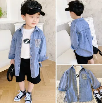 

90-140cm height new 2020 spring boys fashion denim shirt long sleeve boys shirts children jeans clothing boys shirt long sleeve