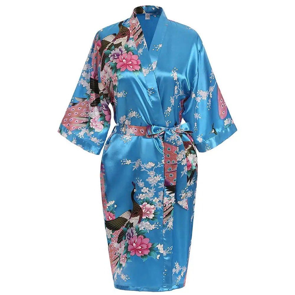 CEARPION, сексуальный халат, платье с цветочным принтом, пижама с павлином, женская одежда для сна, атласное кимоно, домашняя одежда, неглиже размера плюс S-3XL - Цвет: Blue