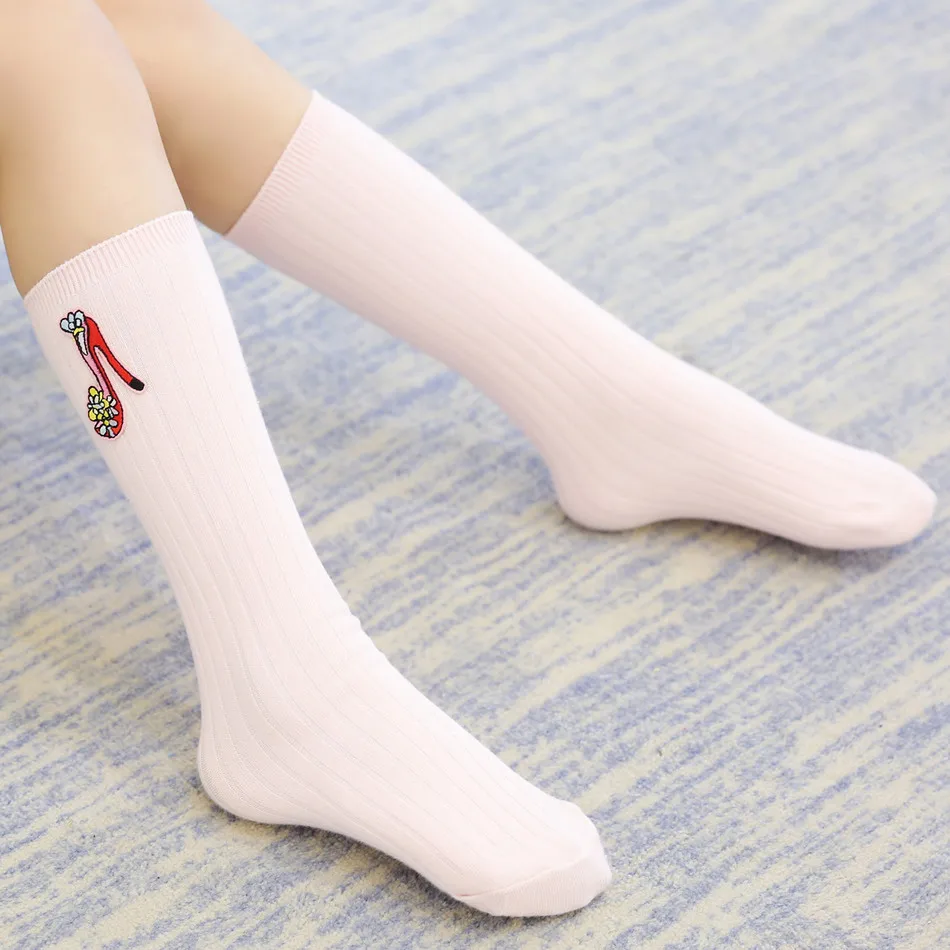 New Style Embroidered High Heel Shoes Combed Cotton Double Needles Vertical Stripe Children High Stockings Girls Bunching Socks