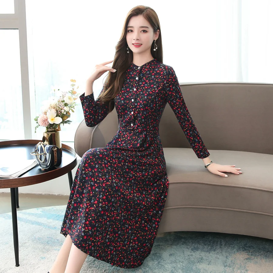 Skup 2019 w stylu Vintage kobiet druku sukienki midi jesień zima 4XL Plus rozmiar kwiatowy z długim rękawem sukienka eleganckie kobiety Bodycon Party Vestidos