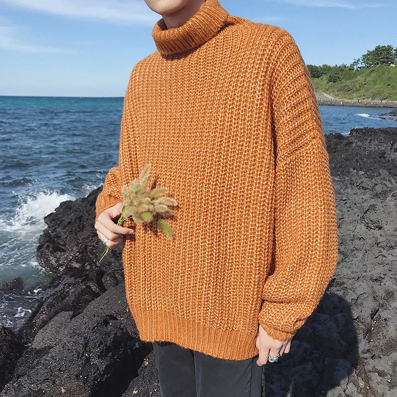 Winter New High Collar Sweater Men's Warm Fashion Solid Color Casual Knit Sweater Man Wild Loose Long Sleeve Pullover Men - Цвет: yellow