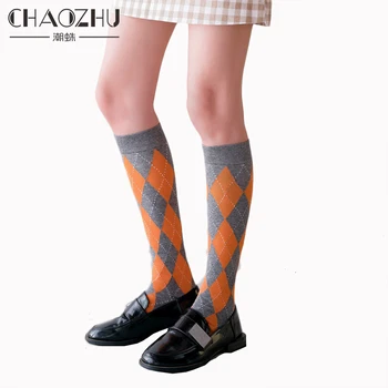 

CHAOZHU Vintage England classic plaid 5 colors high school girls long socks calf crew autumn winter sockken calcetines Japanese