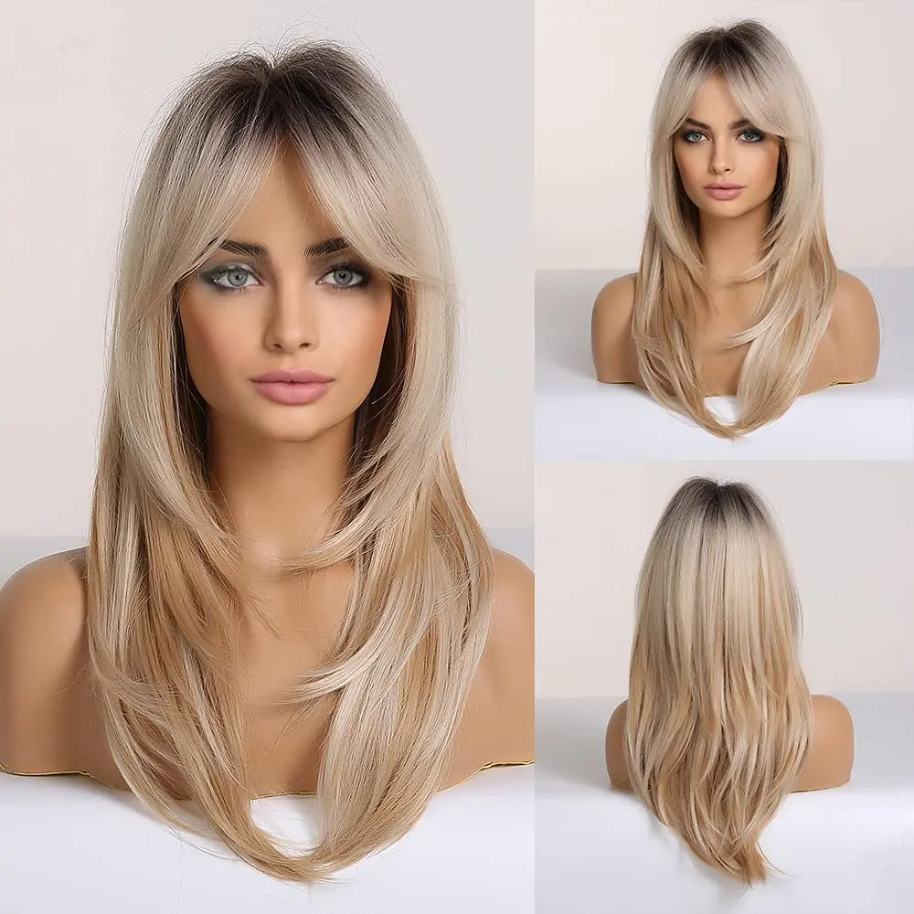 ESIN Synthetic Wig Long Brown Wigs for Women Ombre Layered Hair with Dark Roots