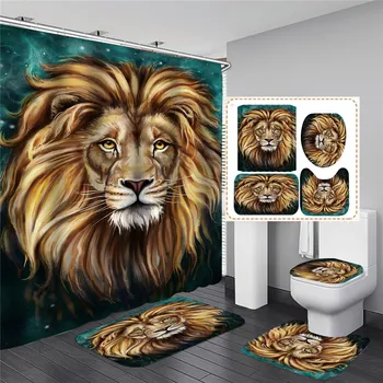 

Lion Bathroom Set Shower Curtain Non slip Mats Bath Carpets Toilet Seat Cover Floor Mat Pedestal Rug Toilet Cover