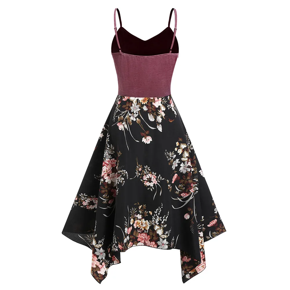  ROSEGAL New Large Size Sexy Dress Spaghetti Strap Handkerchief Floral Print Dress Sleeveless Mid-Ca