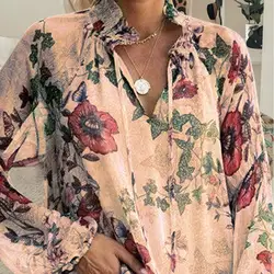 Женские блузки с цветочным принтом в виде листьев, модная женская шикарная Повседневная рубашка с v-образным вырезом и длинным рукавом