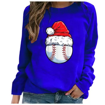 

Women Blue Long Sleeve Fashion Santa Printed Female Tops Christmas Tops Sweatshirt Spring Autumn Loose Pullover Femme T-shirts