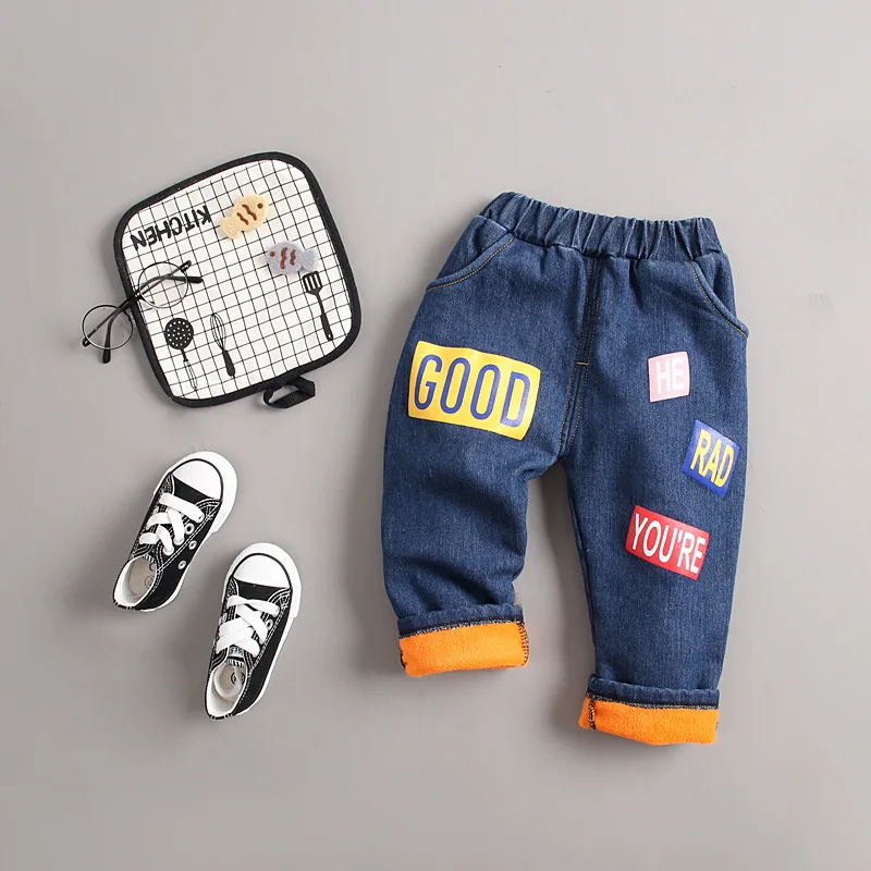 Зимние Утепленные штаны с начесом для мальчиков и девочек детские ковбойские брюки с хлопковой подкладкой повседневные хлопковые брюки с надписями