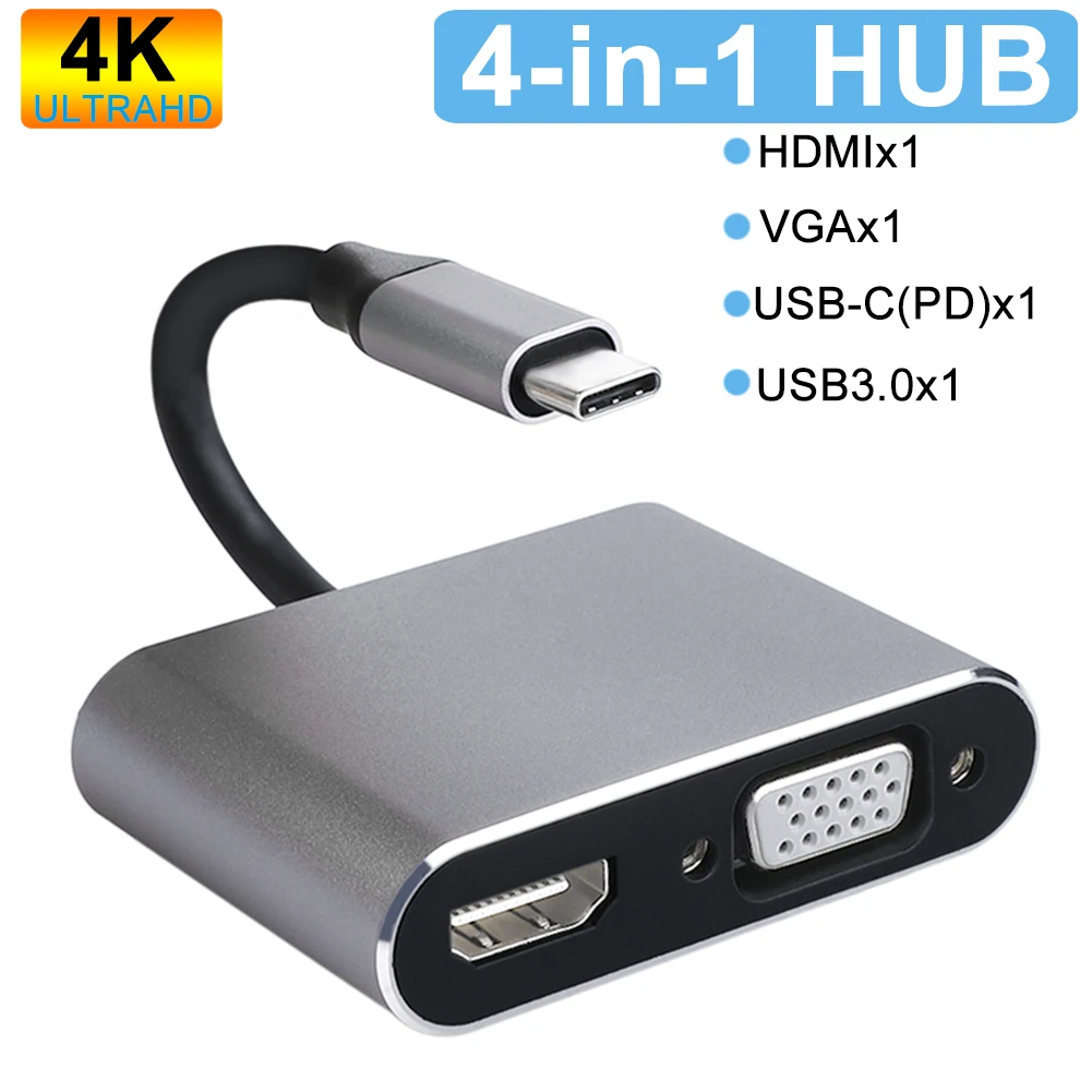 

4 in 1 USB C HDMI Type c to HDMI 4K Adapter VGA USB3.0 Audio video Converter PD 87W Fast charger for Macbook pro Samsung s9 s10