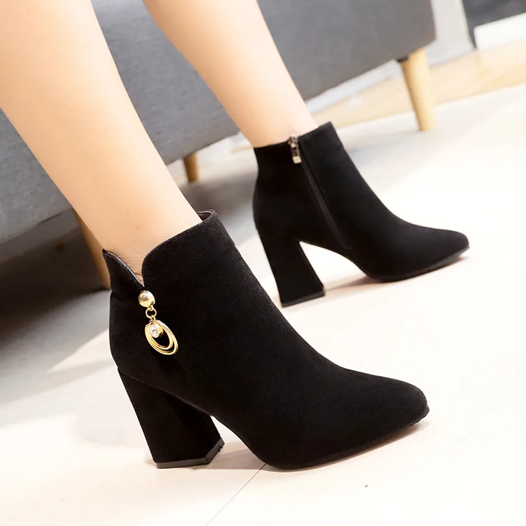 

Women Crystal Ankle Boot Flock Solid Zipper Shoes Ladies High Square Heel Pointed Toe Short Booties Zapatos De Mujer 2019 New