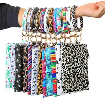 

Leopard Bracelet Clutch Bag Wristlet Keychain Bracelets Purse Sunflower Cactus Printed Leather Key Holder Chain gift SN2896
