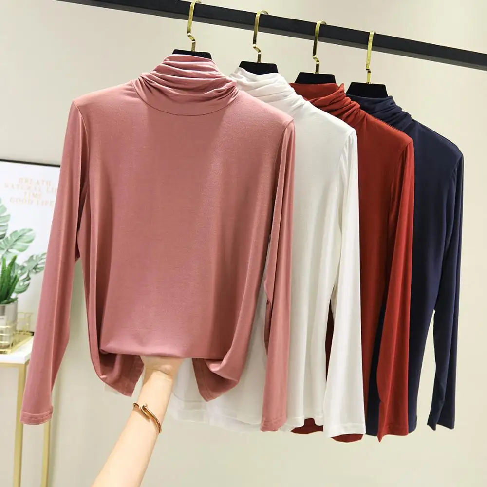 

Thin Cotton Women Long Sleeve Slim Fit T-shirt High Neck Bottoming Tops Pullover Basic Daily Clothing Fashion Casual Pile Collar